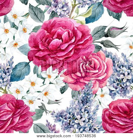 Beautiful vector seamless pattern with hand drawn watercolor roses and other flowers