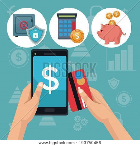 color background analytics investment icons and hand holding a smartphone with debt card vector illustration
