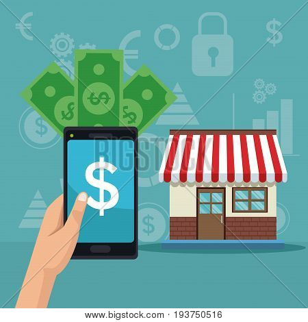 color background analytics investment with hand holding a smartphone with bills and store house vector illustration