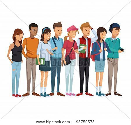 colorful set group of students teenagers standing vector illustration