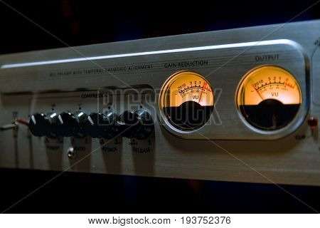 Sound Mixer Equalizer With Many Buttons And Vu Meter In Recording Studio