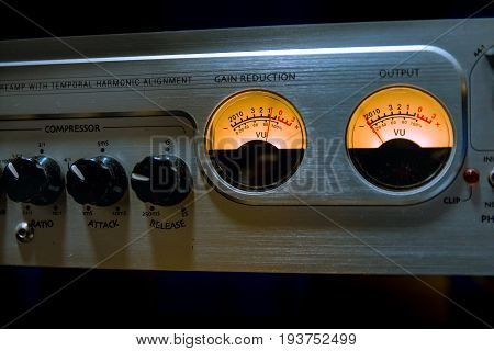 Sound Mixer Equalizer With Many Buttons And Vu Meter In Recording Studio