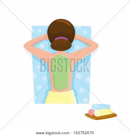Young woman getting algae mask, mud treatment in spa salon, top view cartoon vector illustration on white background. Top view picture of woman getting mud, algae mask on her back in spa salon
