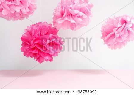 Paper Flowers At The Girl Baby Shower Party.  Baby Shower Celebration Concept