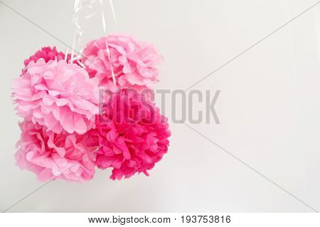 Paper Flowers At The Girl Baby Shower Party.  Baby Shower Celebration Concept