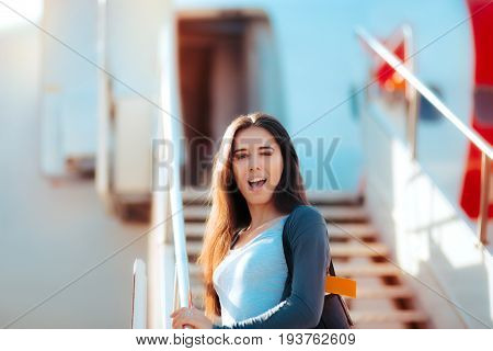 Excited Winking Woman Boarding  Airplane for Travel