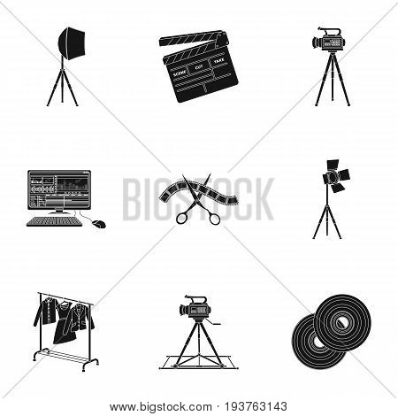 A movie camera, a floodlight, a chromakey and other equipment for the cinema.Making movie set collection icons in black style vector symbol stock illustration .