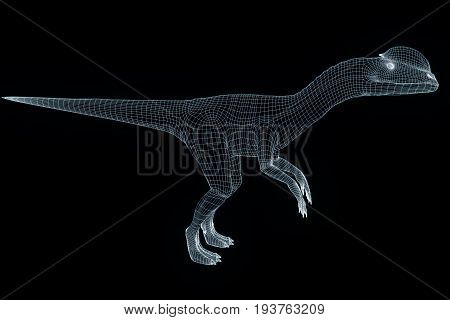 Dinosaur Dilophosaurus in Hologram Wireframe Style. Nice 3D Rendering