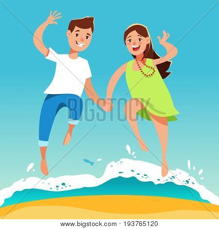 Happy young couple guy and his girlfriend running hand in hand on the beach . Summer vacation and beach holidays in cartoon style.