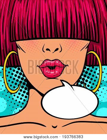Wow face. Sexy surprised young woman with open mouth pink hair with a long fringe covering her eyes and empty speech bubble. Vector bright background in pop art retro comic style.