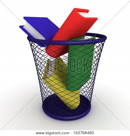 3D illustration of book thrown in waste bin. Isolated on white.