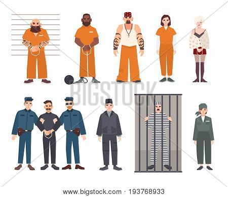 Colorful collection of male and female prisoners. Arrested men and women set. Flat vector illustration