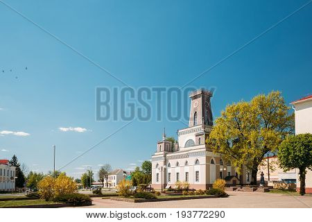Chachersk, Gomel Region, Belarus. Famous Landmark - Old City Hall In Sunny Summer Day In Chechersk. Town Hall
