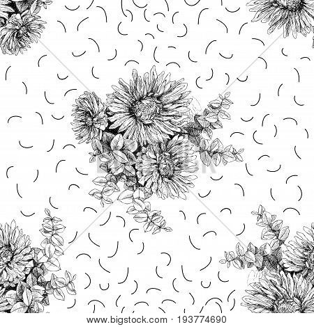 Vintage vector floral seamless pattern in victorian style with flowers, leaves, ink drawing, imitation of engraving, hand drawn background