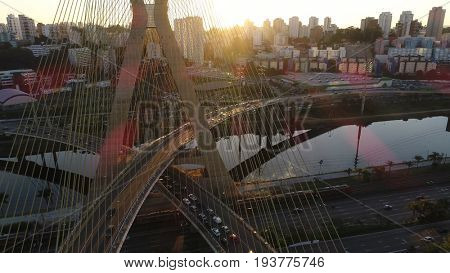 Sunset on Estaiada Bridge in Sao Paulo, Brazil