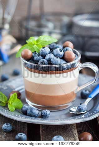 Delicious three layered chocolate mousse dessert decorated with fresh blueberry mint and candies served in glass cup