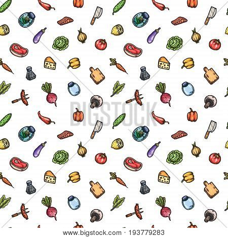 Hand drawn cartoon seamless pattern of food and kitchen stuff. Vector isolated illustrations.