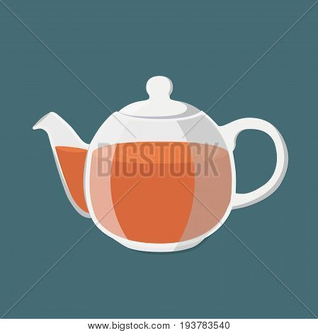 Black tea, hot drink.  Transparent teapot with golden brown tea, teakettle. Made in cartoon flat style. Vector illustration