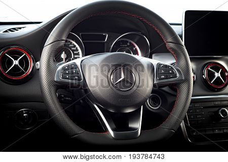 Sankt-Petersburg, Russia October 22, 2016 : Dashboard and steering wheel of Mercedes-Benz CLA 45 2016 AMG interior, test drive on October 22 2016 in Russia.
