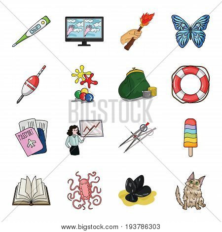 education, fishing, antiquity and other  icon in cartoon style. cat, animal, malyusk icons in set collection.