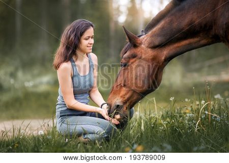 Young woman  with her horse walking on summer field