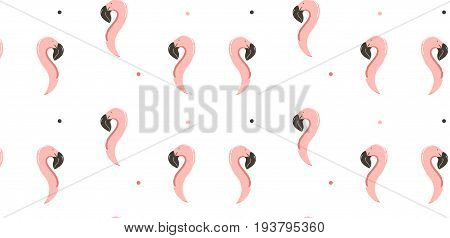Hand drawn vector abstract summer time simple minimalistic seamless pattern with pink flamingo head isolated on white background.