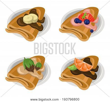 Pancakes set chocolate syrop and banana and fruits flavor Vector icon template retro style dotted backgrounds