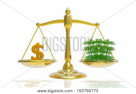 3d illustration. Balance scale of Money and marijuana. cannabis is equal to money concept.