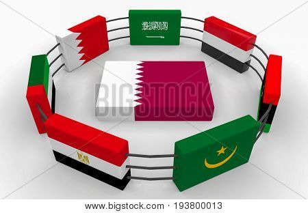 3d rendering. qatar country flag on the floor which surround by some middle east country flags. Qatar diplomatic crisis concept