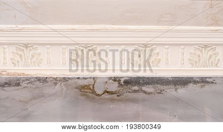 Wall paint that peels off and fades off due to moisture problems in wallcovering, needs repaired and repainted. Ruined by mold fungus and mildew plastering plaster ceiling