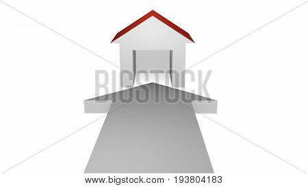 White arrow pointing to a house. 3d illustration