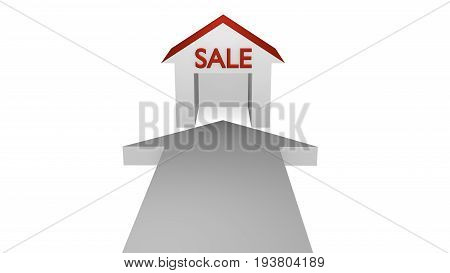 White arrow pointing to a house with sale. 3d illustration