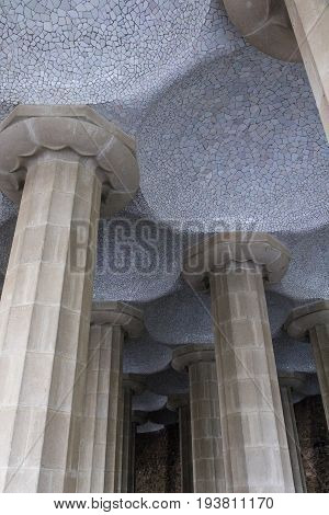 Ceiling and columns of the Hypostyle Room under Nature Square in Park Güell Barcelona