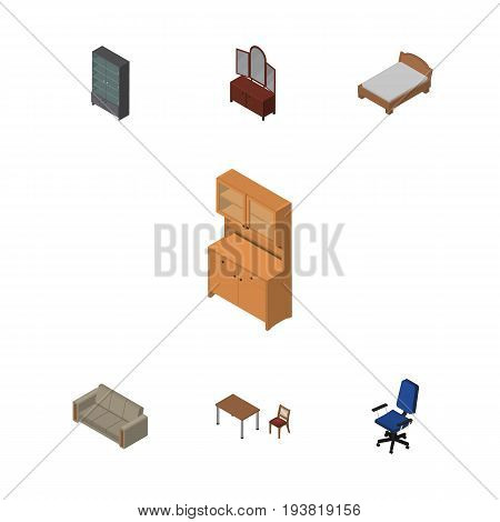 Isometric Furnishing Set Of Bedstead, Chair, Office And Other Vector Objects. Also Includes Closet, Table, Bed Elements.