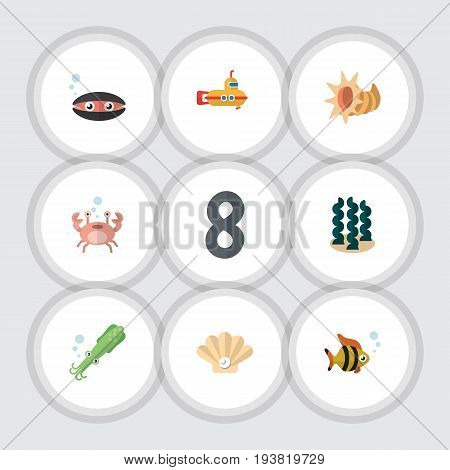 Flat Icon Marine Set Of Cancer, Periscope, Seashell And Other Vector Objects. Also Includes Seafood, Conch, Submarine Elements.
