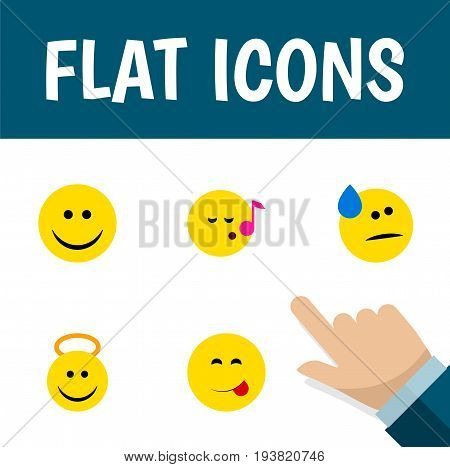 Flat Icon Emoji Set Of Delicious Food, Descant, Angel And Other Vector Objects. Also Includes Joy, Cheerful, Song Elements.
