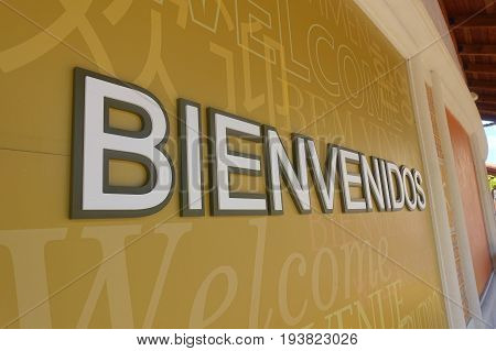 HOUSTON, USA - JANUARY 12, 2017: Welcome word in spanich in a wall inside of Legoland, as touristic place. Legoland is a theme park based on the popular LEGO brand of building toys.