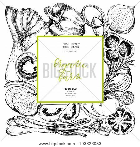 Vector hand drawn farm vegetables. Square border composition. Tomato onion cabbage pepper leek. Engraved art. Organic sketched vegetarian objects. restaurant menu grocery market store party meal