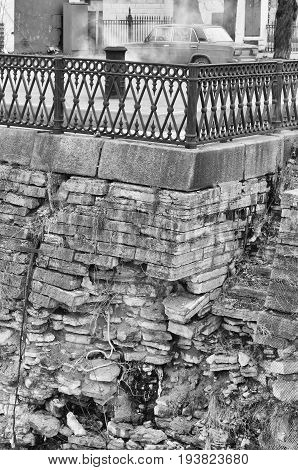 Embankment near Petrovsky dock in Kronstadt degraded by anthropogenic human activity
