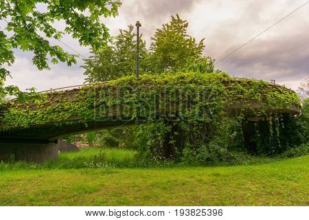 A concrete bridge with a leafs decoration