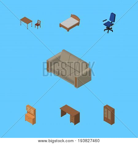 Isometric Furniture Set Of Bedstead, Couch, Chair And Other Vector Objects. Also Includes Wardrobe, Couch, Sofa Elements.