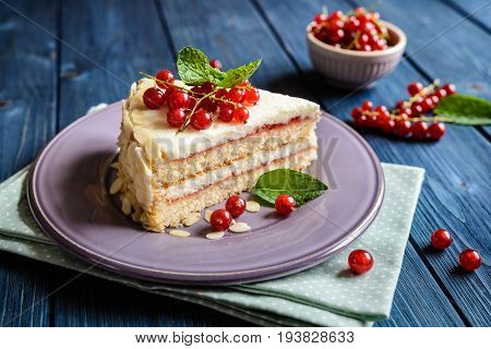 Delicious Cake With Mascarpone, Whipped Cream, Red Currant And Almond Slices