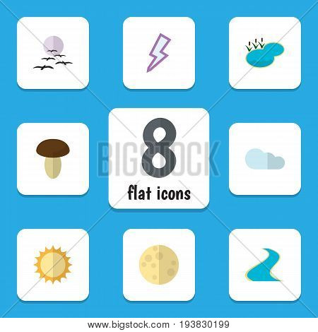 Flat Icon Bio Set Of Solar, Lunar, Lightning And Other Vector Objects. Also Includes Tributary, Moon, Overcast Elements.