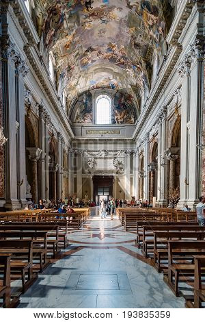 Rome Italy - August 18 2016: Interior view of church of St. Ignatius of Loyola. It is a Roman Catholic titular church dedicated to Ignatius of Loyola the founder of the Society of Jesus. Built in Baroque style