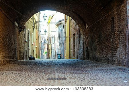 Ferrara, Italy - June, 30, 2017: district of a medieval houses in a center of Ferrara, Italy