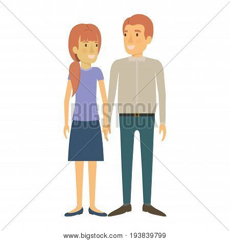 colorful silhouette of man and woman standing and her with ponytail and him in casual clothes and both with reddish hair vector illustration
