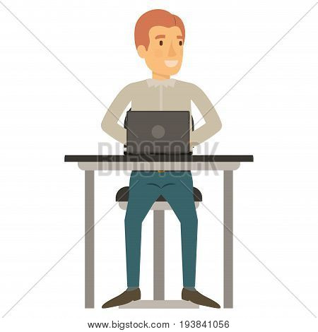colorful silhouette of man in casual clothes and reddish hair and sitting in chair in desk with laptop computer vector illustration