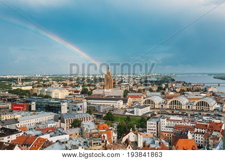 Riga, Latvia - July 1, 2016: Riga, Latvia. Building of Latvian Academy of Sciences, built on model of Moscow Stalin skyscrapers . Bureau and administration of Academy of Sciences, humanitarian institutions, Council for Science.