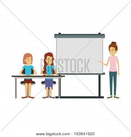 white background with couple of women sitting in a desk for female executive in presentacion business people vector illustration