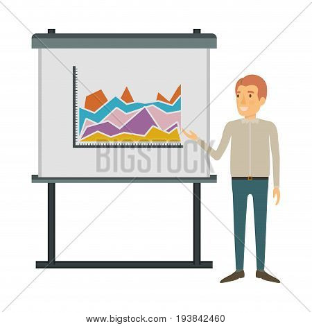 white background with businessman in casual clothes and reddish hair making presentation vector illustration